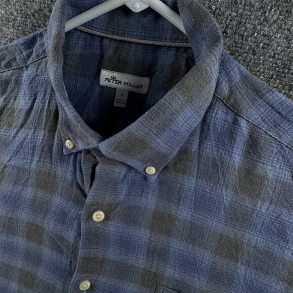 Peter Millar Soft Lightweight Button Up Shirt Men Long Sleeve Blue Gray Plaid - Picture 9 of 12